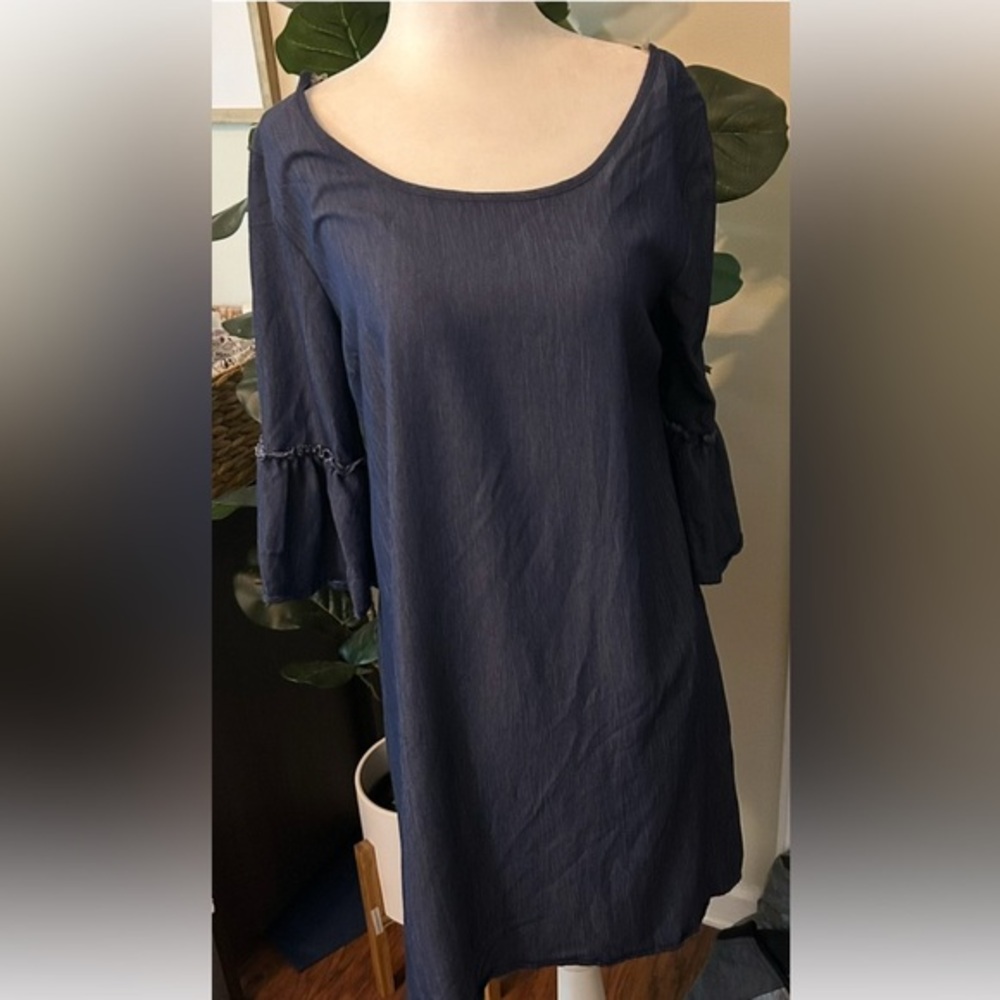 Naïf boho chambray Bell Sleeve Dress, Criss cross in back, size Small, blue